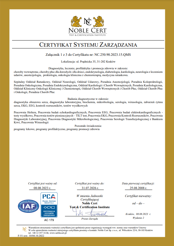 Na zdjęciu widnieje Załącznik nr 1, który zawiera wyjaśnienie działań realizowanych w Szpitalu Miejskim Specjalistycznym im. Gabriela Narutowicza w Krakowie.